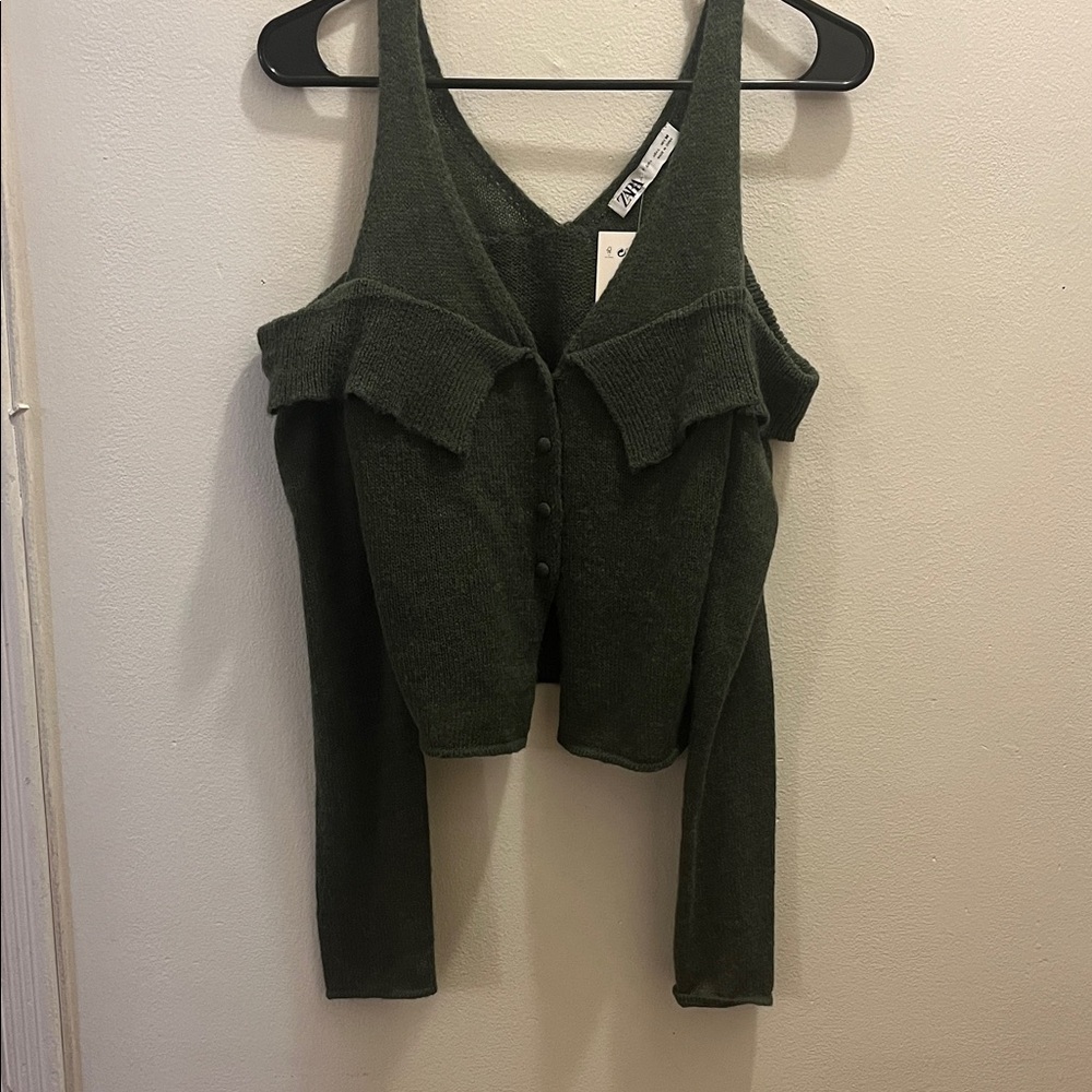 Green Knit Cold Shoulder Sweater